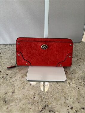 Coach Orange/Red pebble Leather Zip-Around Wallet